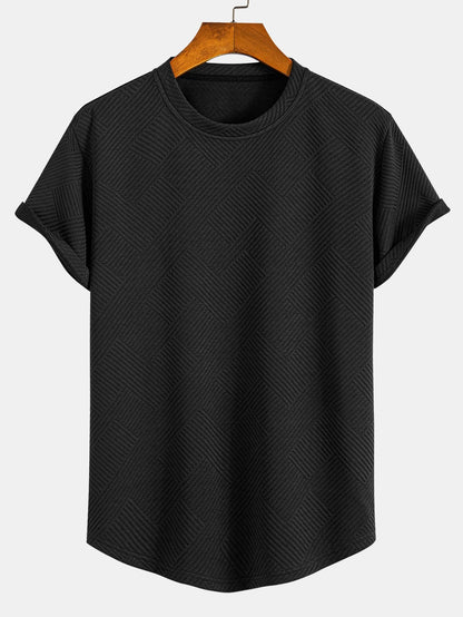 T-Shirt Jacquard Rayé à Ourlet Arc et Manches Courtes 👕